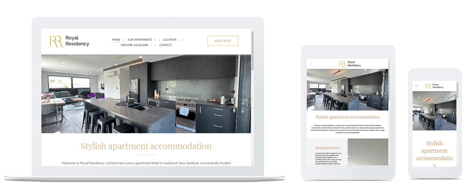 a website for royal residency shows  stylish apartment accommodation on laptop, tablet and mobile