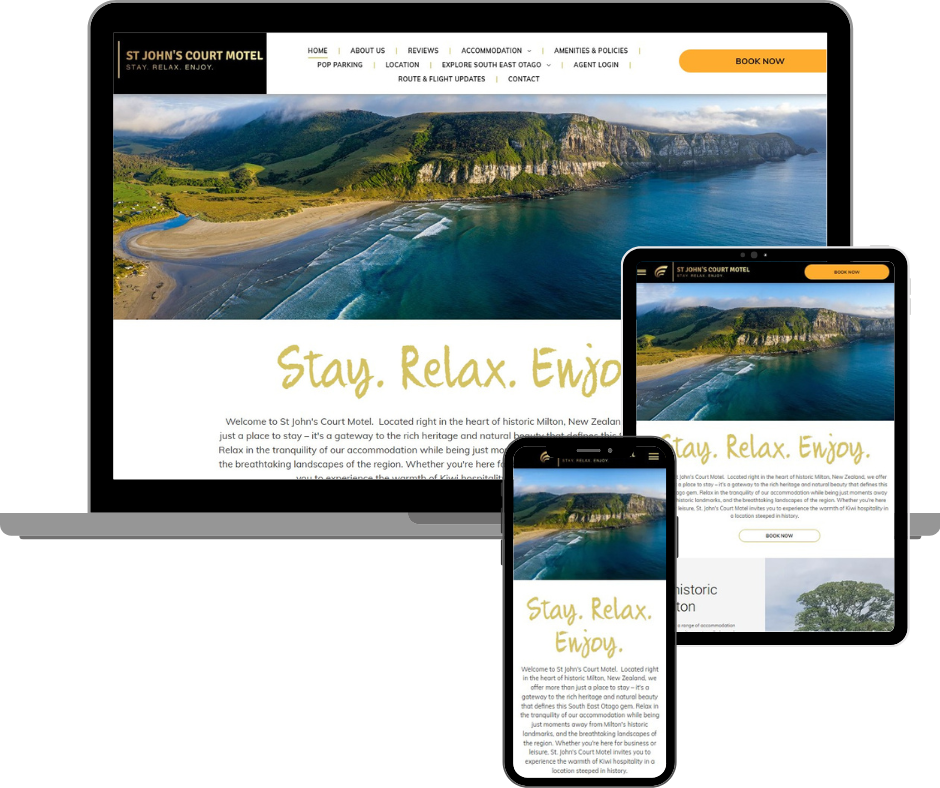 Website displayed on laptop, tablet, and phone screens; scenic beach image with text: “Stay. Relax. Enjoy.”