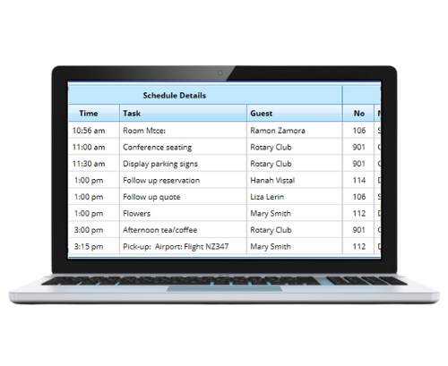 Laptop screen displaying a schedule with tasks, times, and guests for an event.