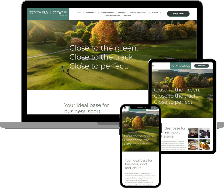 Website mockup on laptop, tablet, and phone, displaying a golf course and text promoting a business lodge.