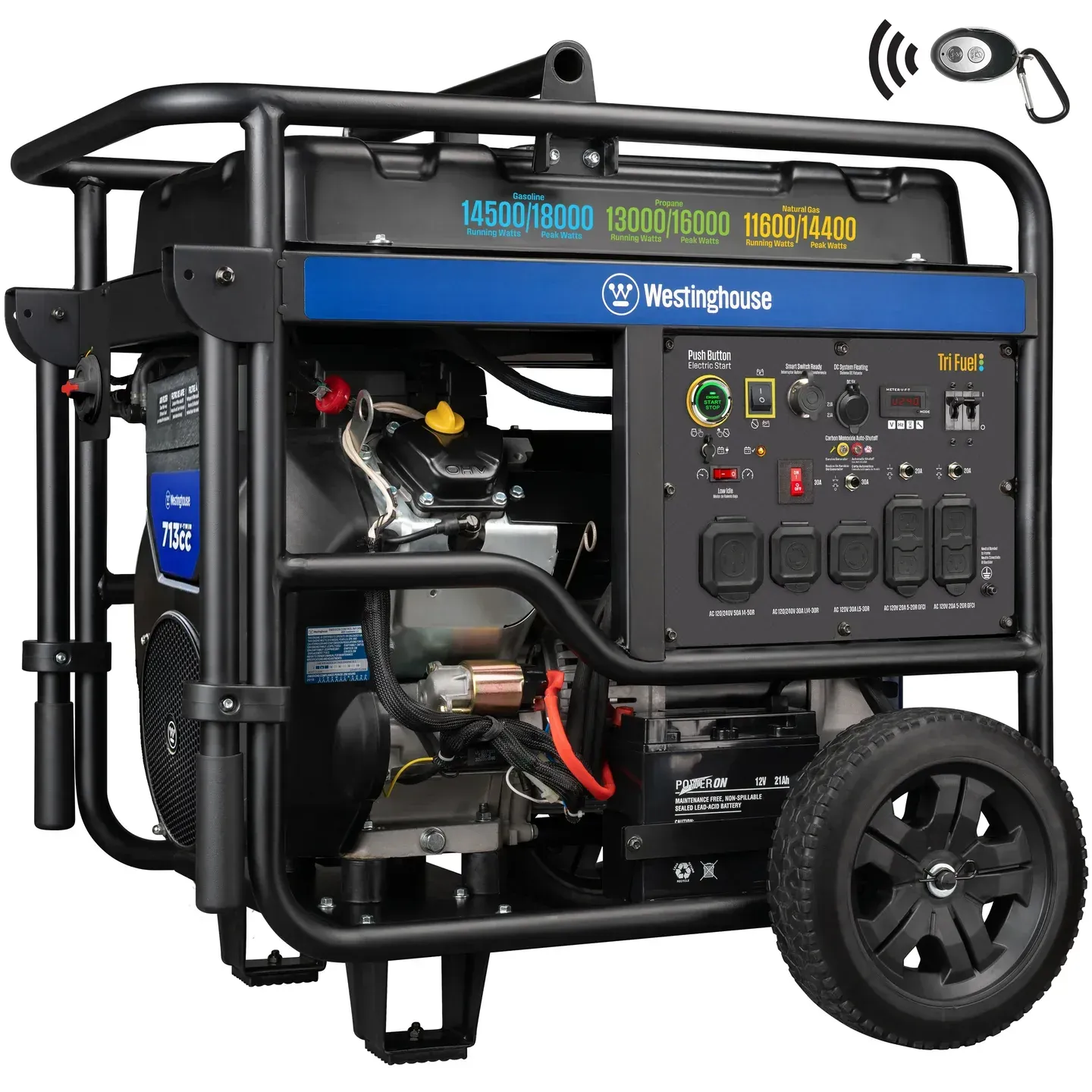 Westinghouse portable generator with a black frame, wheels, and control panel.