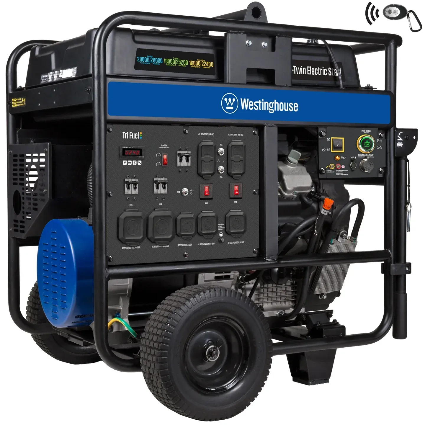 Westinghouse portable generator with a blue and black color scheme, wheels, and control panel.