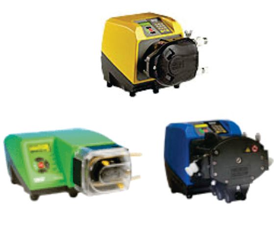 Three peristaltic dosing pumps in yellow, green, and blue, each with digital displays and black pump heads.