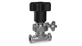 Stainless steel valve with a black knob and side handle.