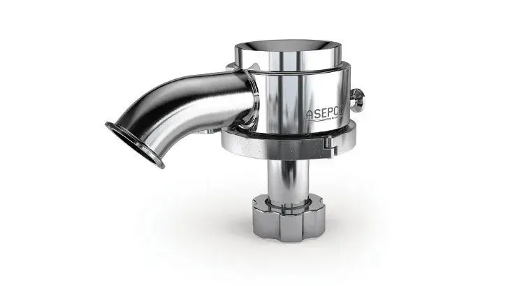 Stainless steel industrial valve with angled spout.