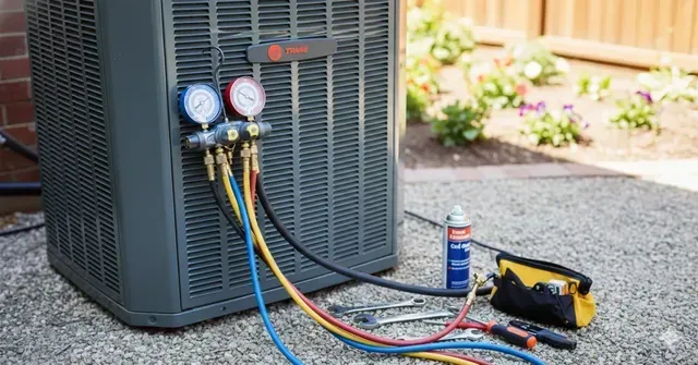An HVAC unit with gauges connected, set outdoors with tools and a spray can.