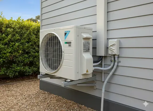 Exterior air conditioner unit mounted on a gray wall, near greenery and a small box.