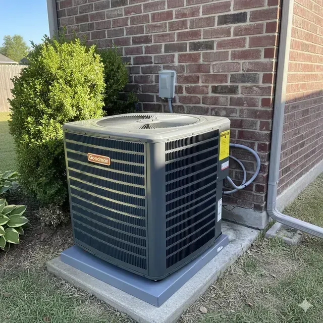 AC unit against a brick wall, situated on a gray concrete pad next to greenery.