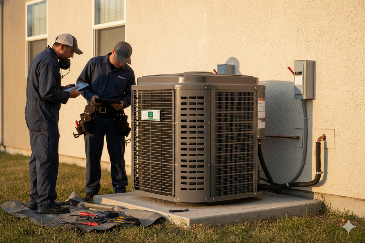 Two technicians in blue coveralls inspect an air conditioning unit outside a building.