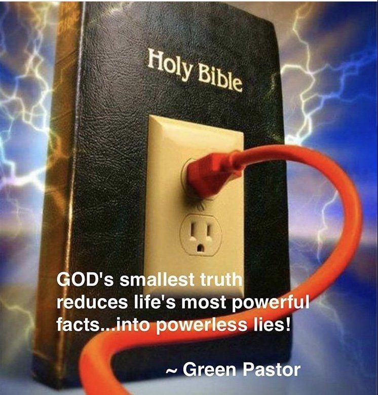 Bible with a red power cord plugged into it; lightning background