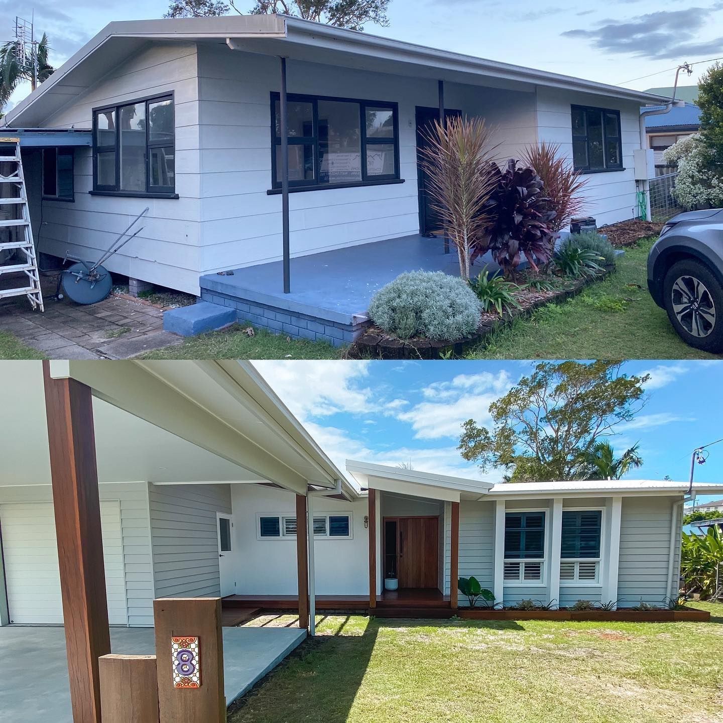 A before and after picture of a house with a car parked in front of it.