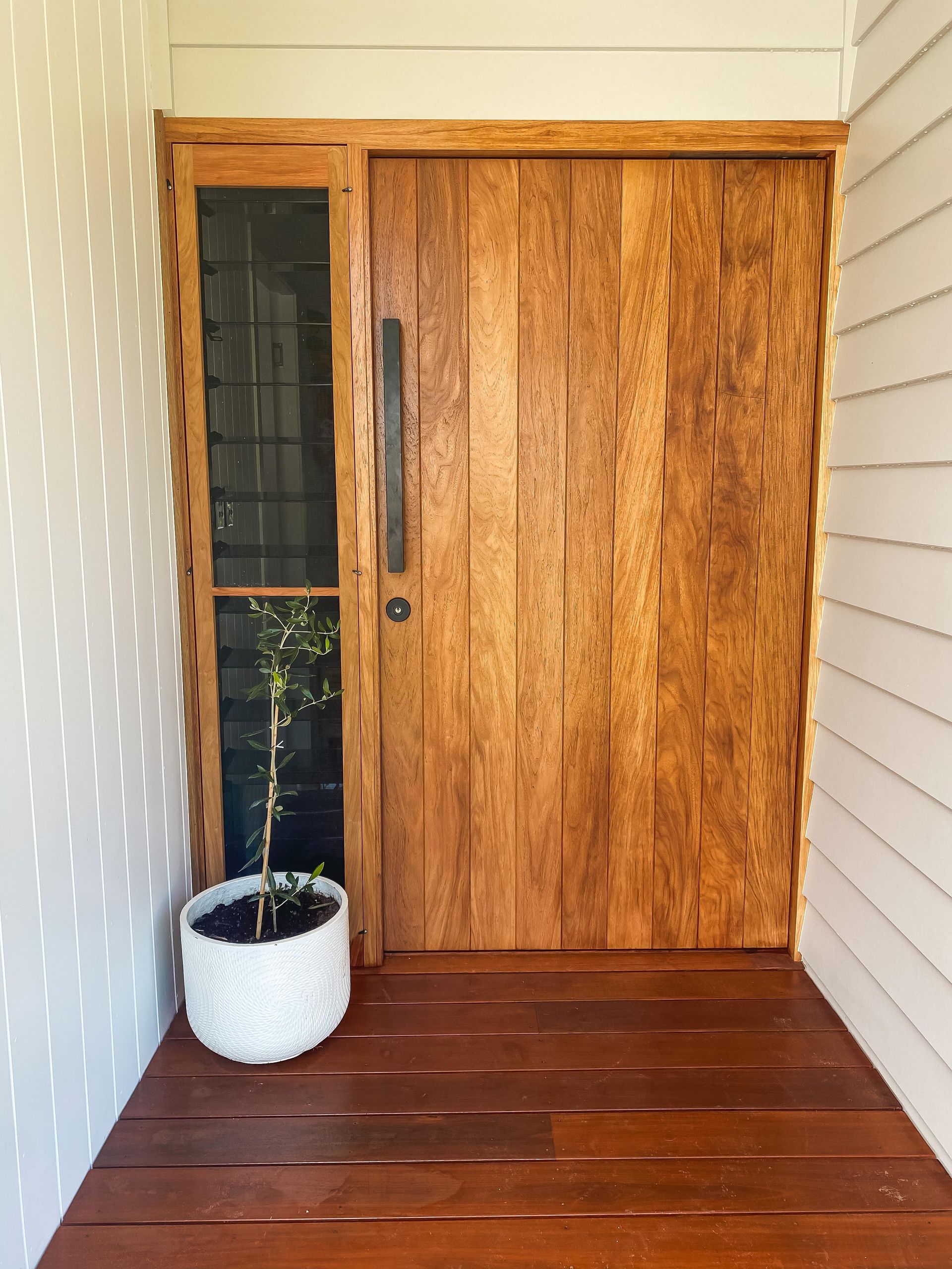 A wooden door with a potted plant in front of it.