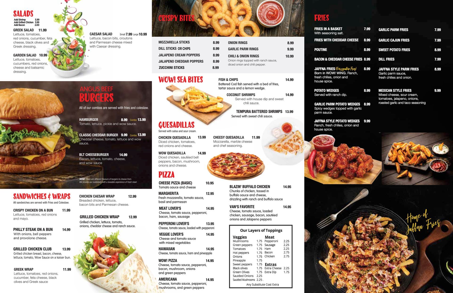 Restaurant menu collage with burgers, fries, pizza, salads, and fried chicken on black-and-white pages