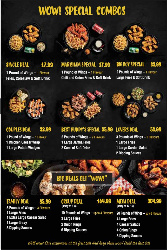 Colorful restaurant menu board titled “WOW! Special Combos” with chicken meals, sides, and prices.