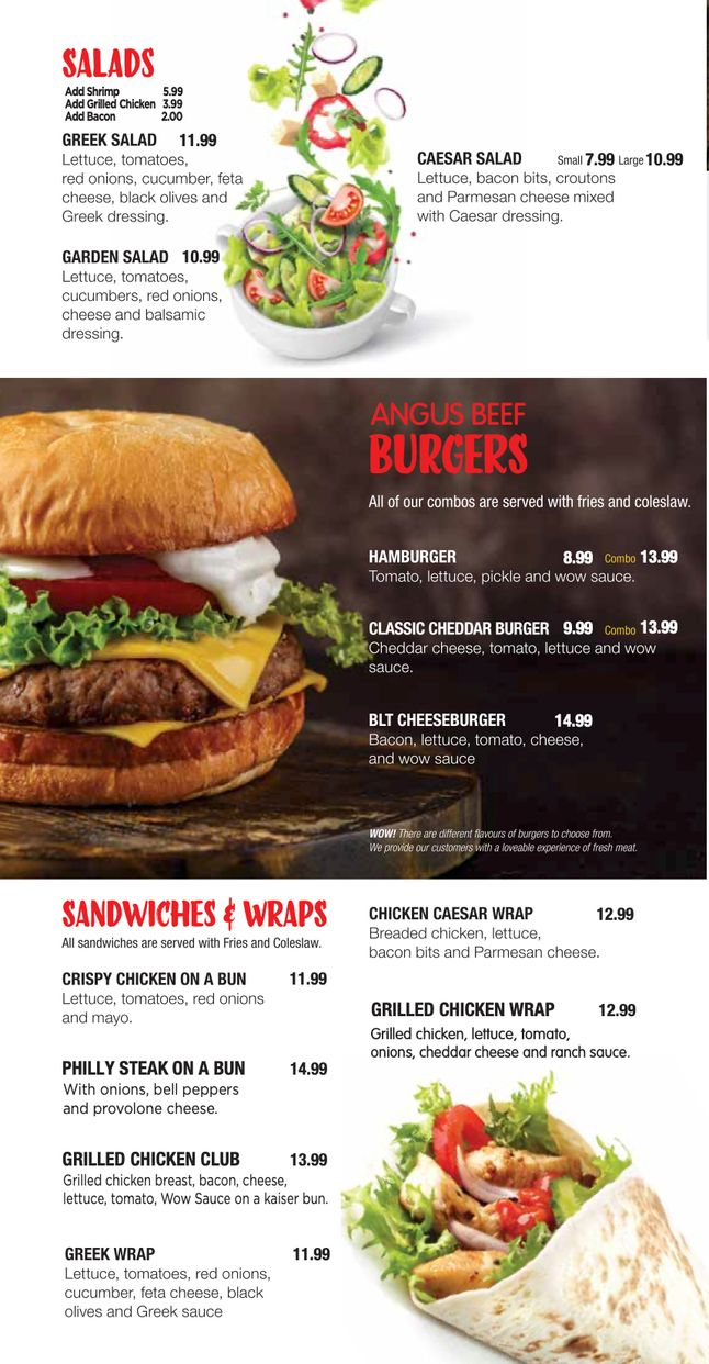 Fast-food menu with salads, burgers, and wraps on red and dark brown backgrounds.