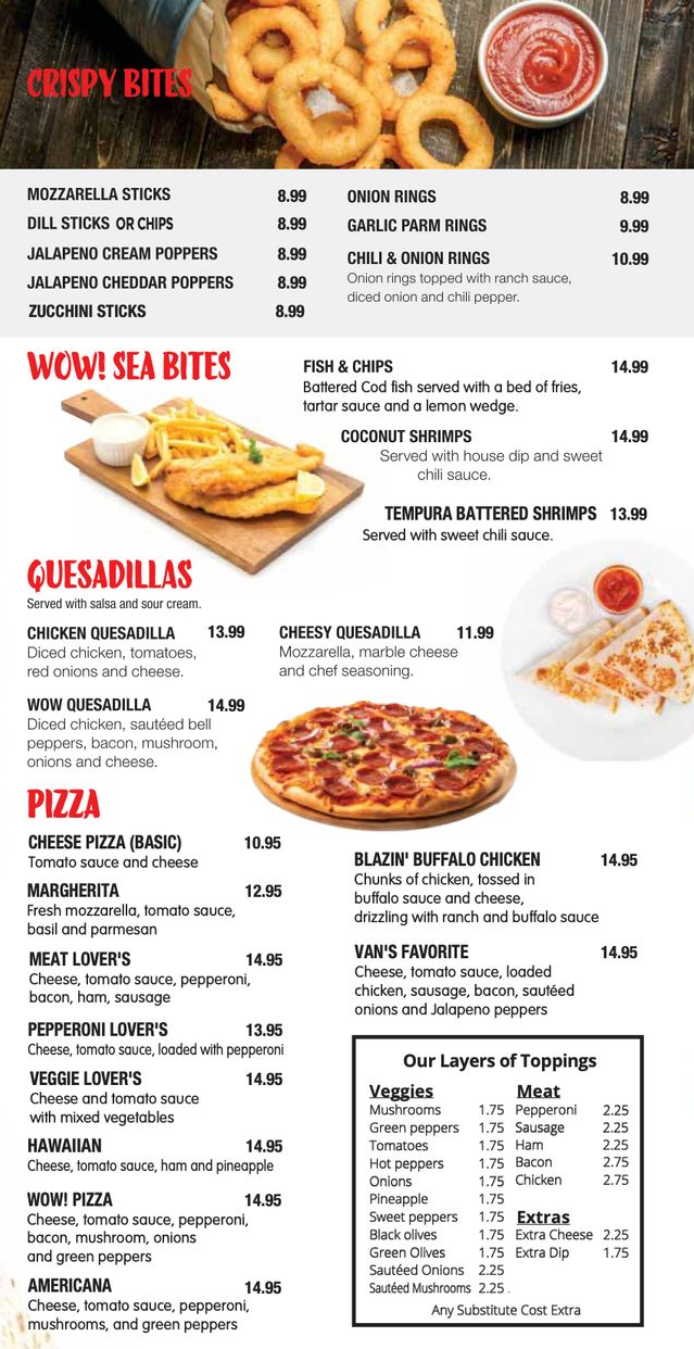 Restaurant menu with onion rings, fries, fried appetizers, and multiple pizza options with prices.