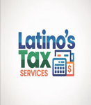 Logo for Latino's Tax Services. Text in blue, green, and orange. Includes a calculator and dollar sign icon.