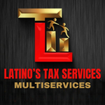 Logo for Latino's Tax Services. Text in blue, green, and orange. Includes a calculator and dollar sign icon.