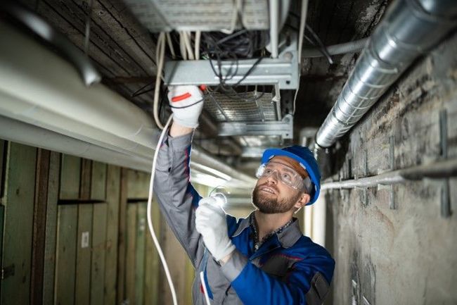 Electrician in blue uniform and hard hat inspecting wiring in ceiling.
