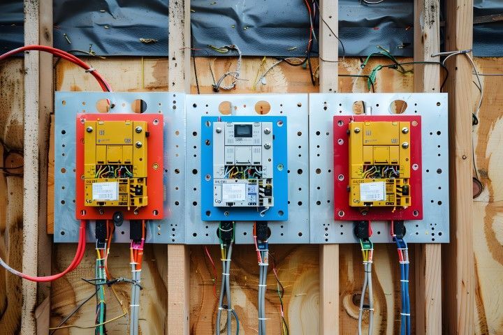 Three colorful electronic boxes, orange, blue, and red, mounted on a wooden frame with exposed wires.