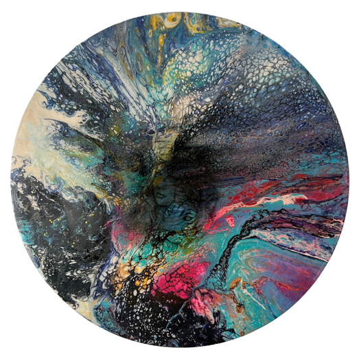Pintura circular abstracta con remolinos de color azul, rosa y negro.