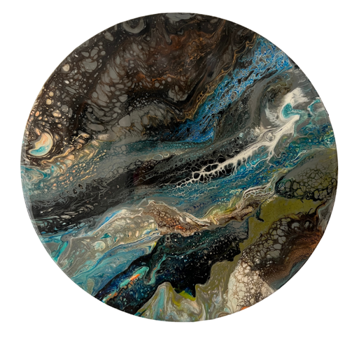 Pintura circular abstracta en tonos azules, negros, marrones y blancos, que se asemeja a un paisaje celestial o geológico.