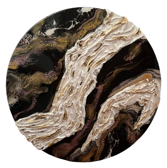 Obra abstracta redonda con resina negra, dorada, blanca y malva; elemento central blanco texturizado.