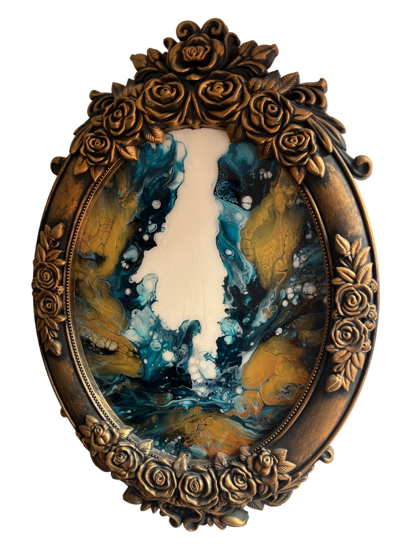 Arte de resina ovalado en marco de bronce, diseño abstracto azul y dorado con espacio blanco.