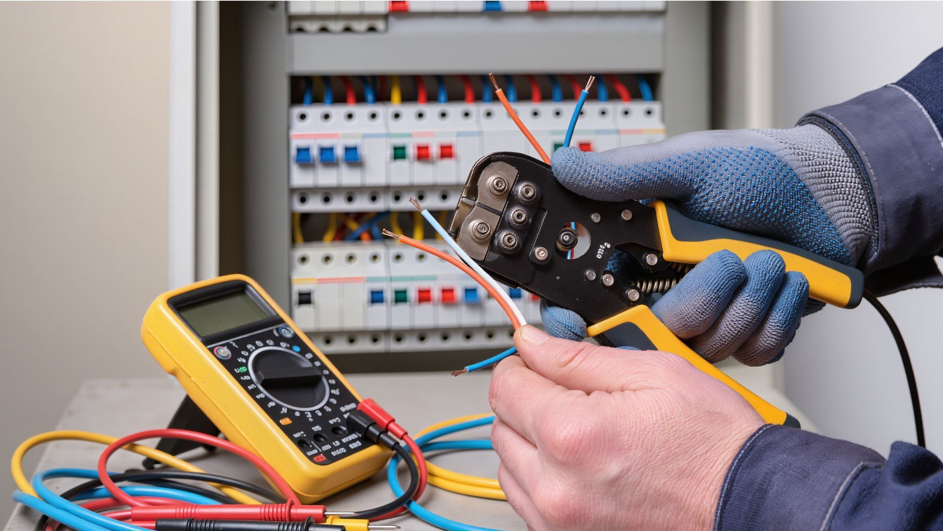 Technician using a multimeter to test wiring in an electrical control panel