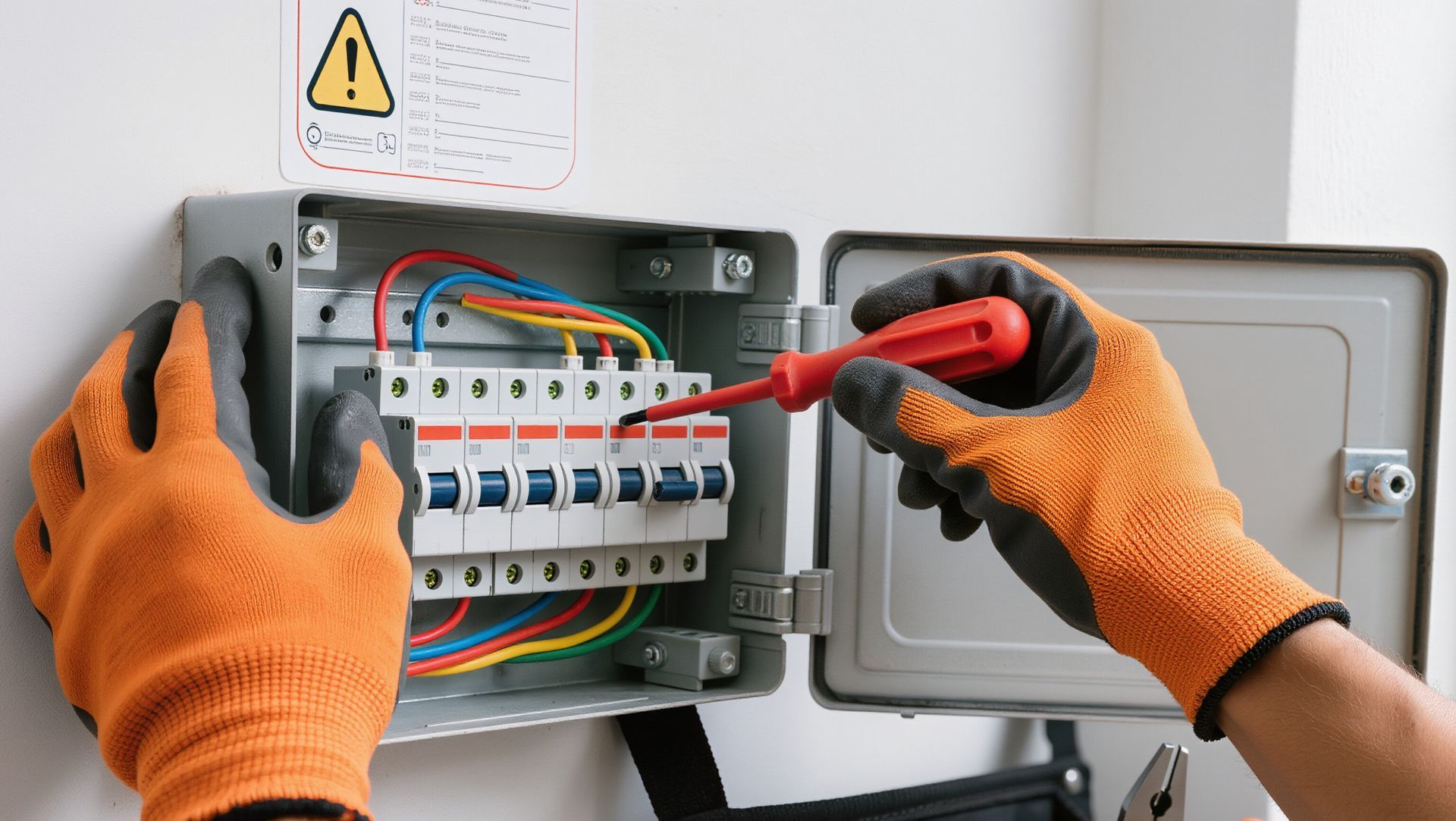 A person wearing orange work gloves uses a red-handled screwdriver to adjust a white electrical circuit breaker box.