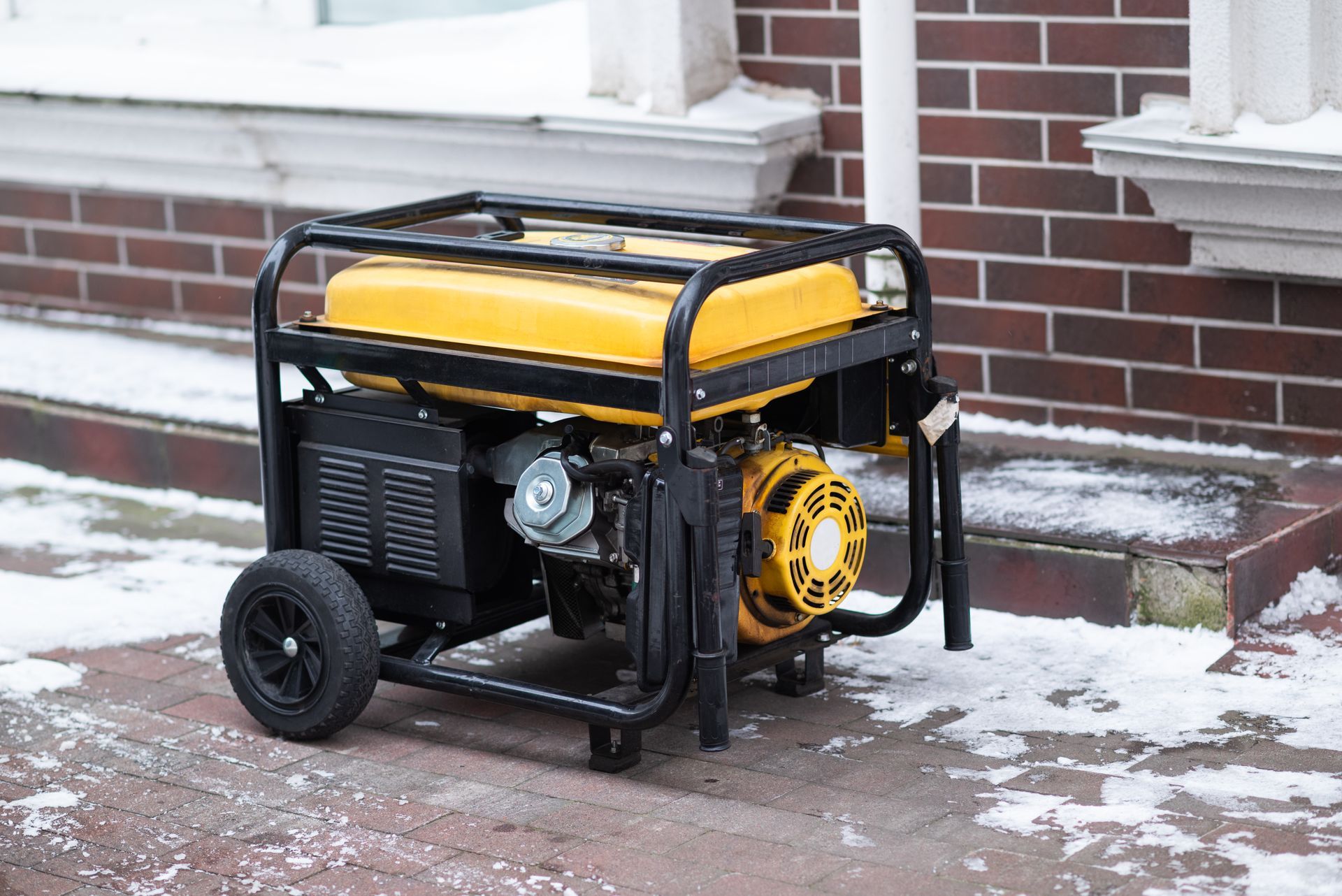 Yellow portable generator on a snowy brick porch against a house wall.