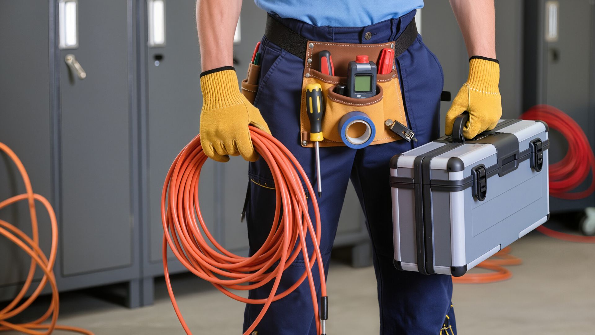 A worker in a tool belt and gloves holds a coil of orange extension cord and a silver tool case in an industrial room.