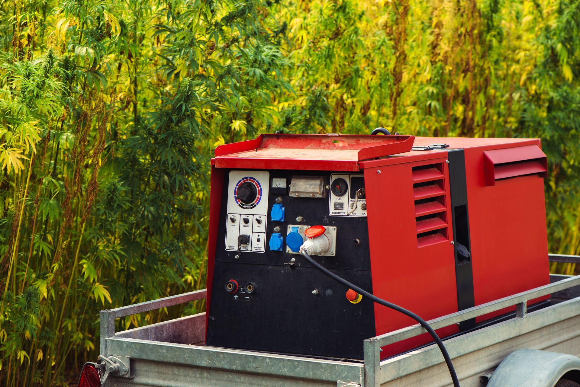 A red portable industrial generator sits on a trailer in front of a dense, green hemp field.