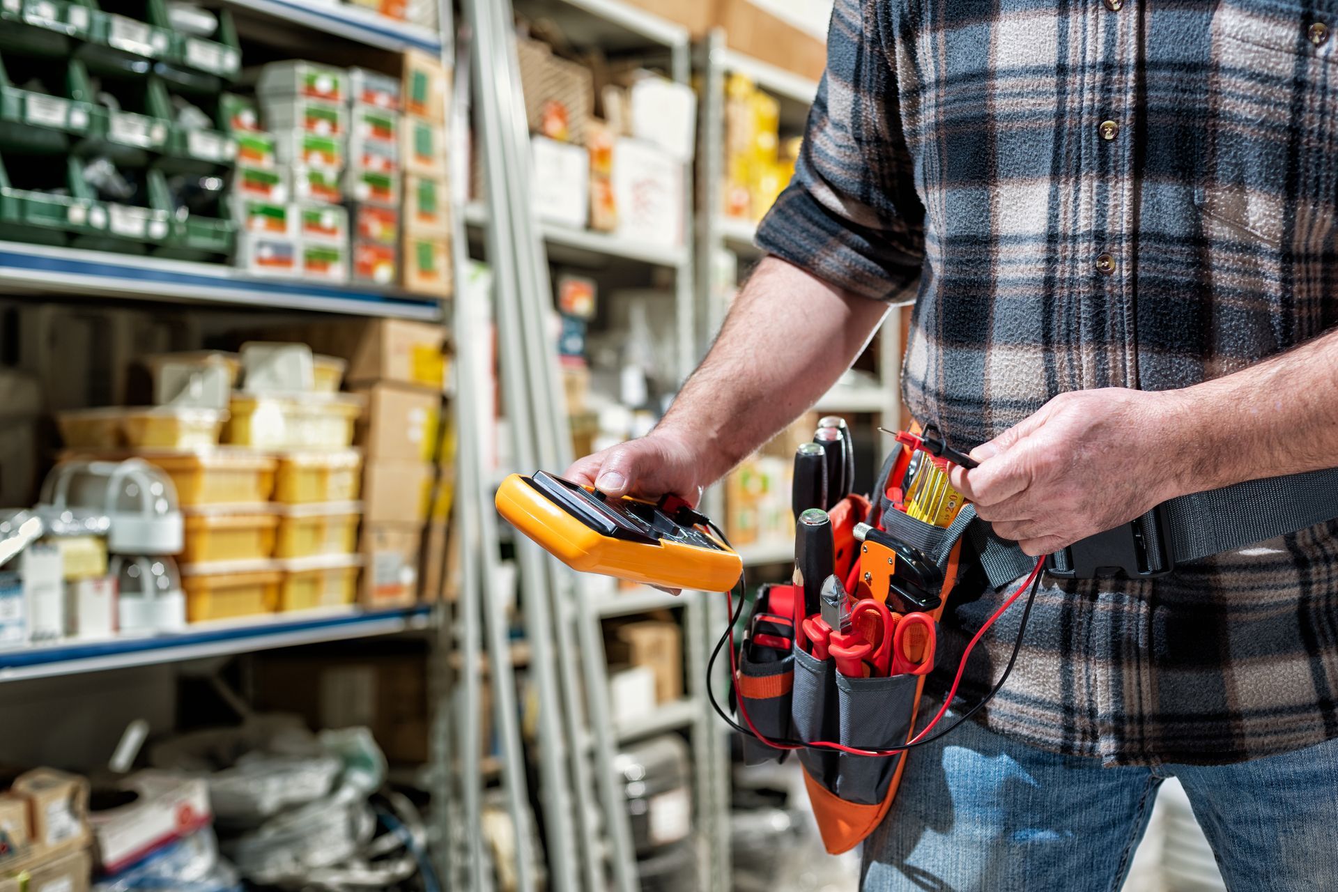 Person holding a digital multimeter and tool pouch in a hardware store aisle