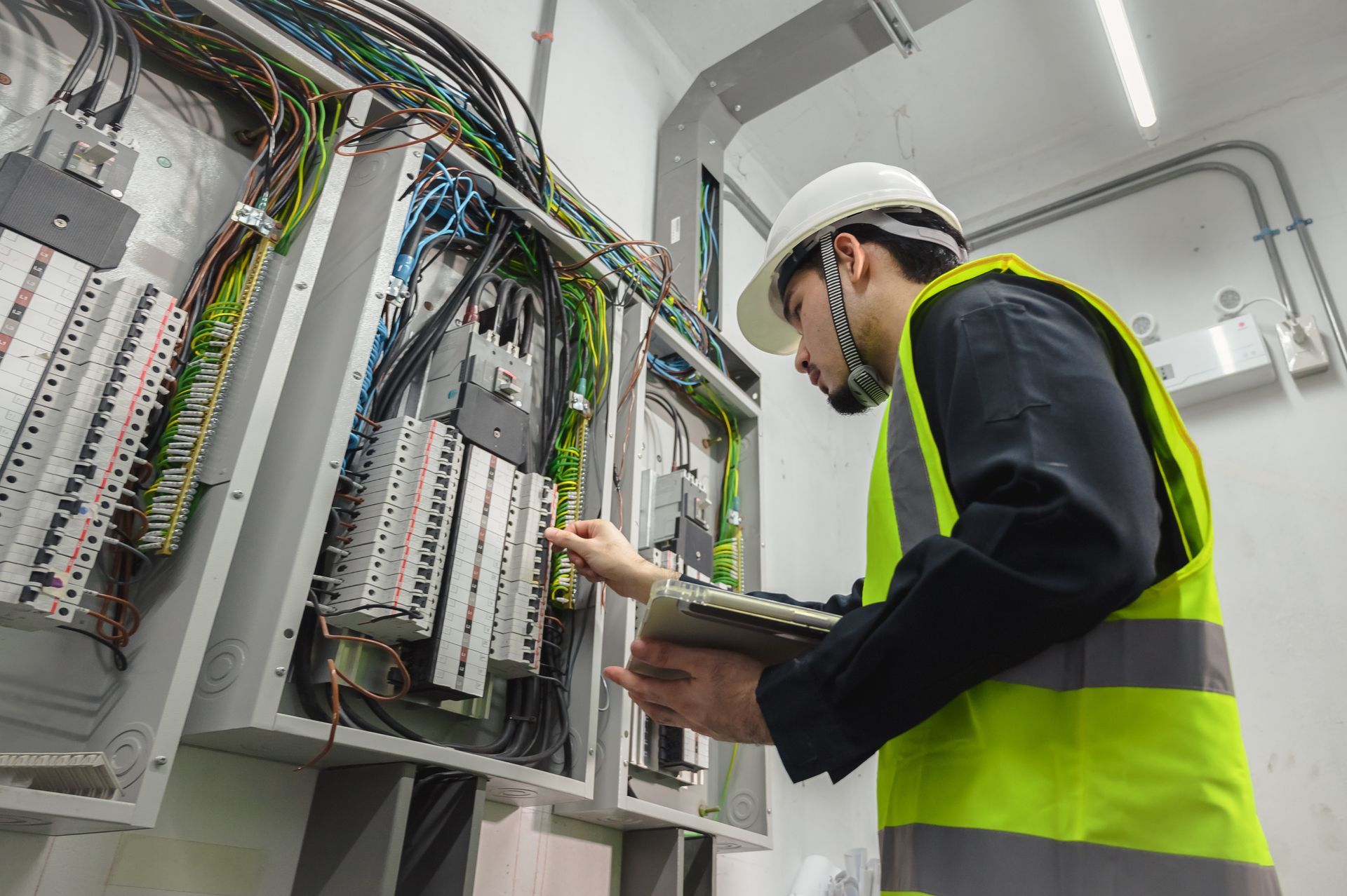 An electrician in a hard hat and high-visibility vest inspects an open electrical panel with a tablet.