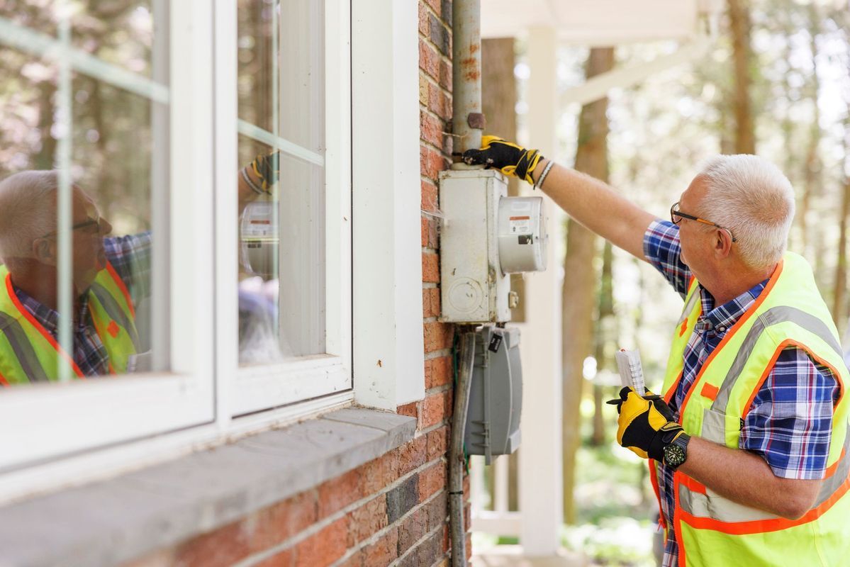 A professional in a high-visibility vest inspects an electrical meter on a brick house exterior.