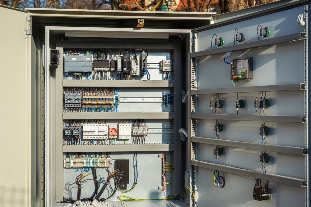 An open industrial electrical control panel cabinet mounted outdoors, featuring various wiring, modules, and components.