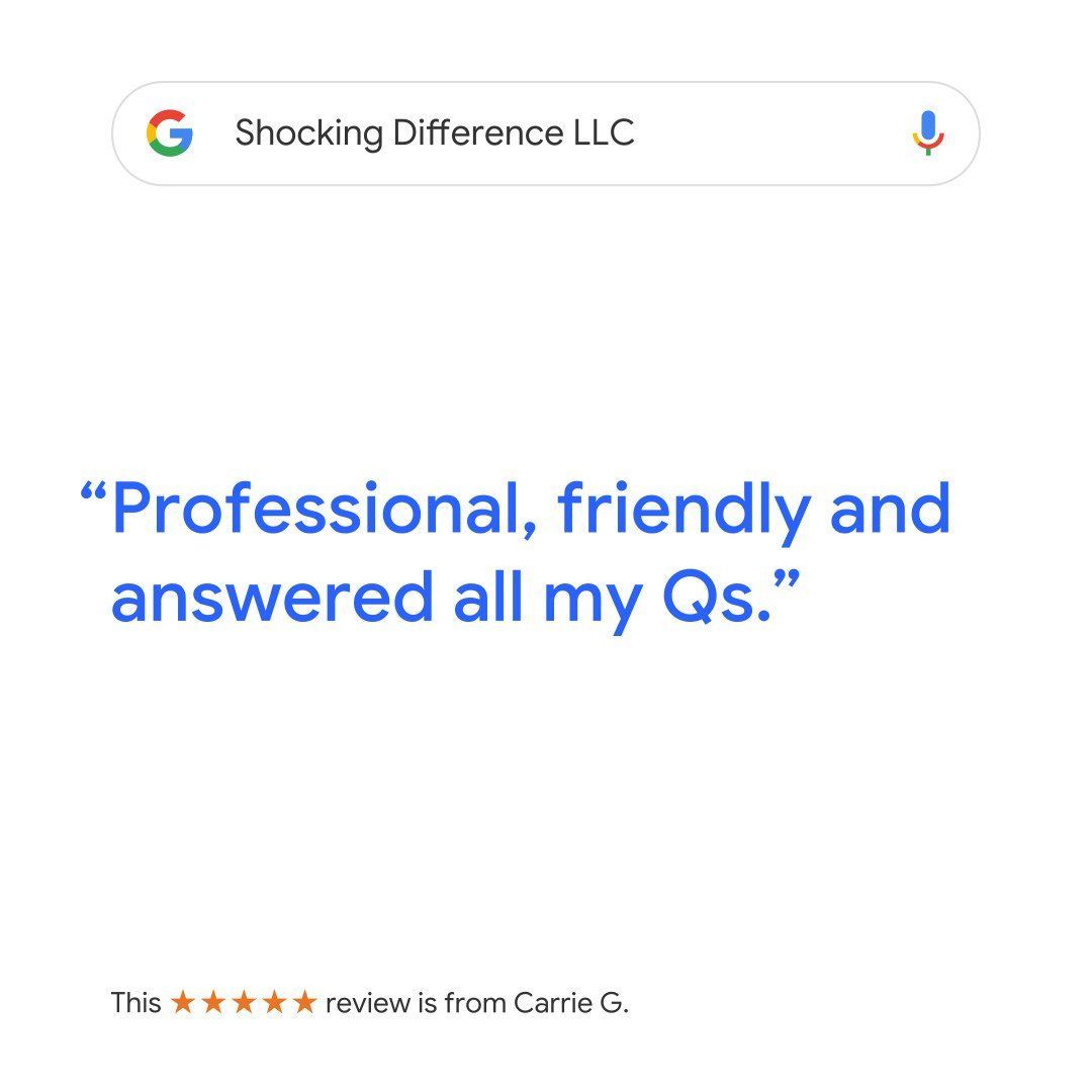 Google search bar above a blue testimonial: “Professional, friendly and answered all my Qs.”