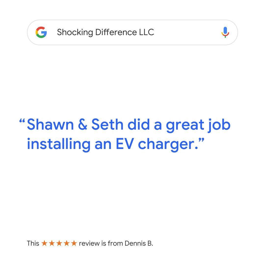 Google search screenshot showing a review quote: “Shawn & Seth did a great job installing an EV charger.”
