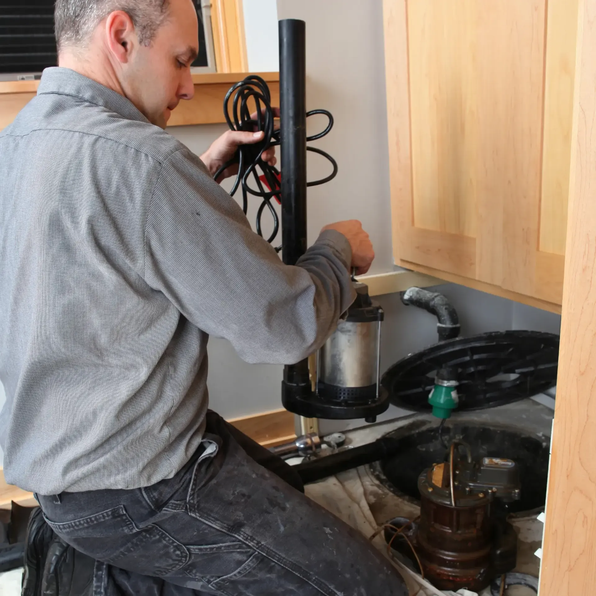 Cheddars Plumbing Co- A man is working on a machine in a kitchen