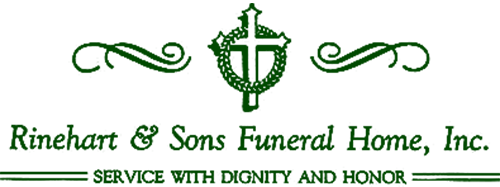 Logo for Rinehart & Sons Funeral Home, Inc. Green cross and scroll design with text: "Service with dignity and honor."
