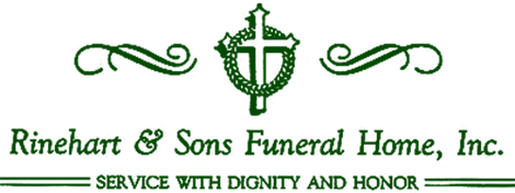 Logo for Rinehart & Sons Funeral Home, Inc. Green cross and scroll design with text: "Service with dignity and honor."