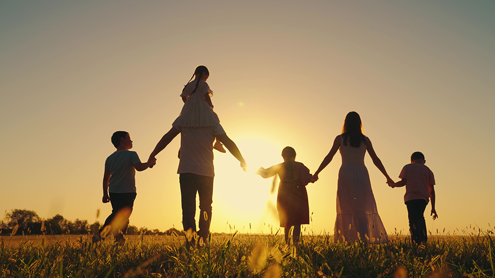 Silhouette of a family holding hands, walking across a field towards the sunset.