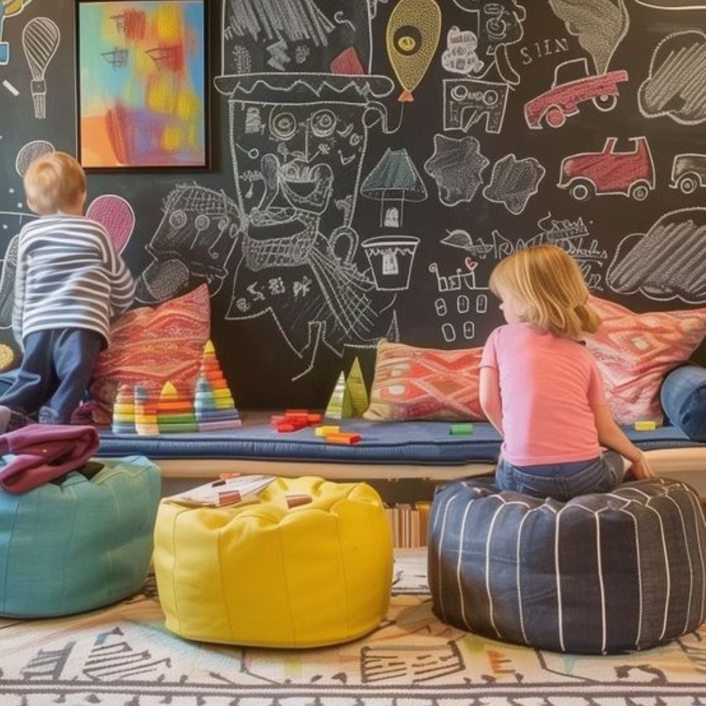 Two children are playing in front of a chalkboard with drawings on it
