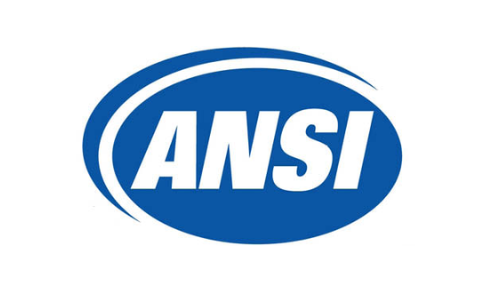 A blue and white ansi logo on a white background