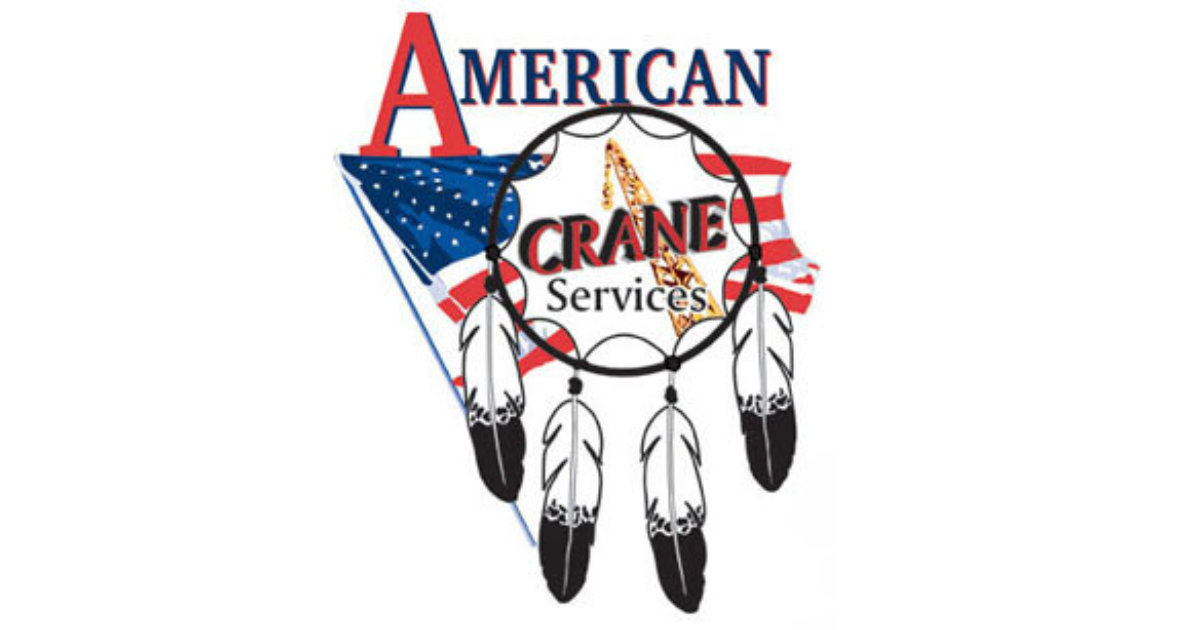 A logo for american crane services with a dream catcher and feathers