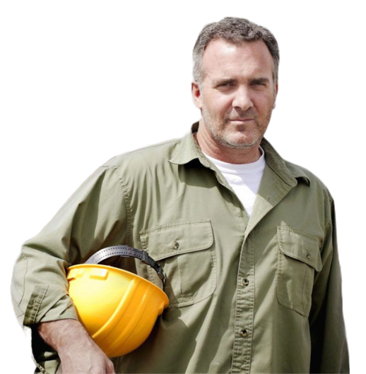 a man in a green shirt is holding a yellow hard hat