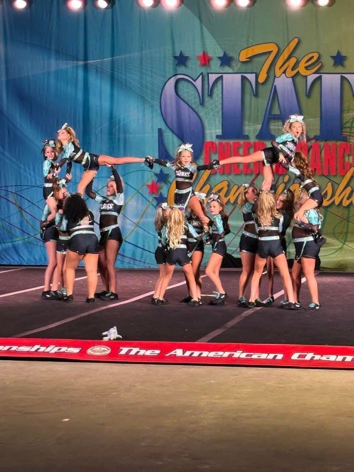 A group of cheerleaders are performing on a stage.