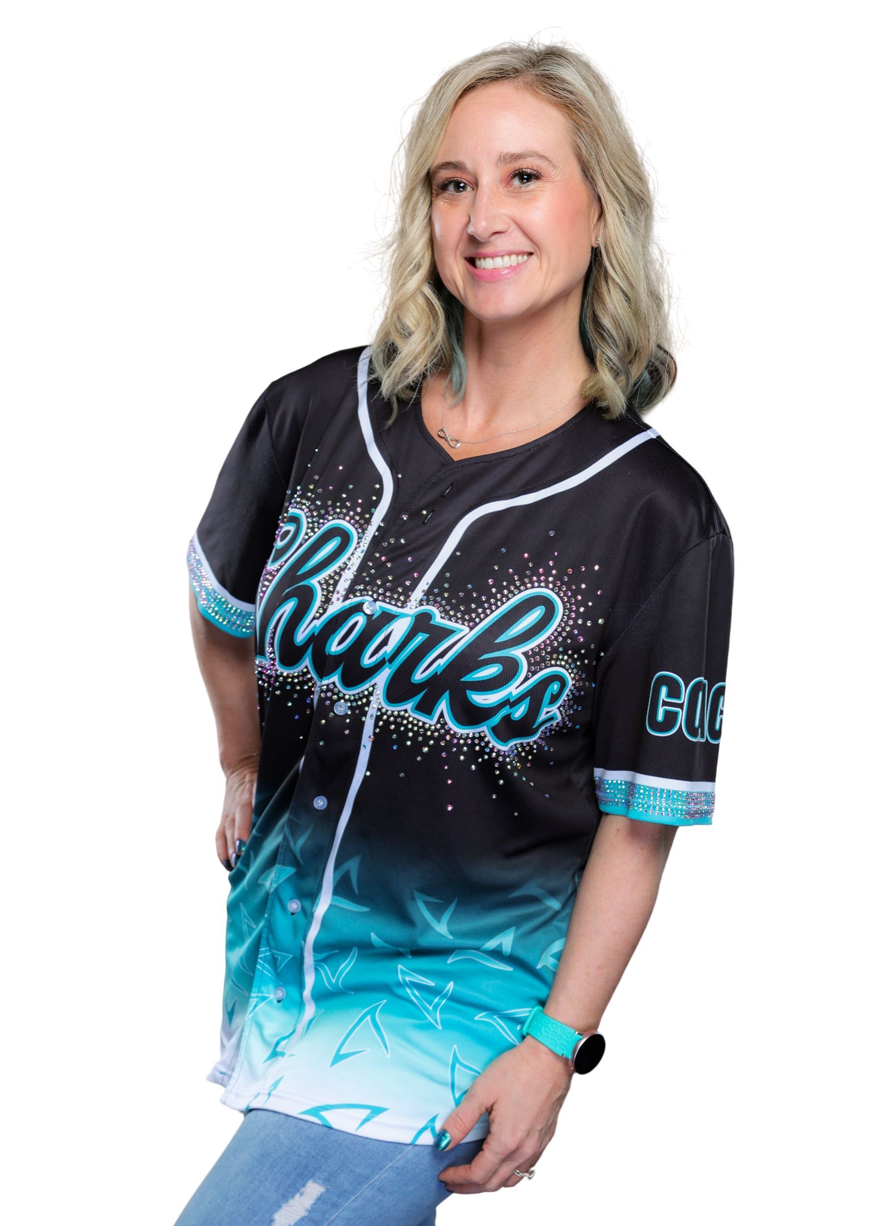 A woman is wearing a black and blue baseball jersey.