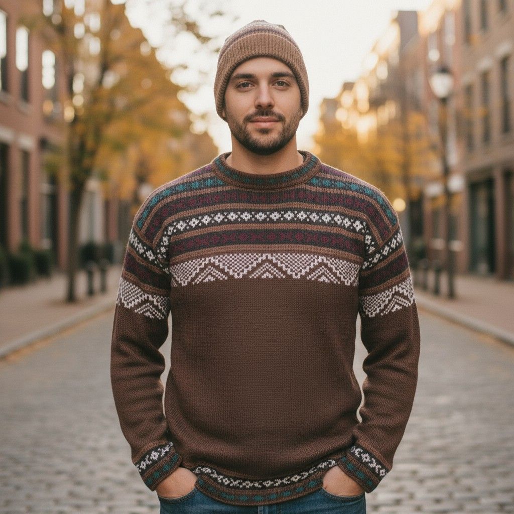 Een man in een bruine trui met patroon en een gebreide muts staat op een met bomen omzoomde stadsstraat.